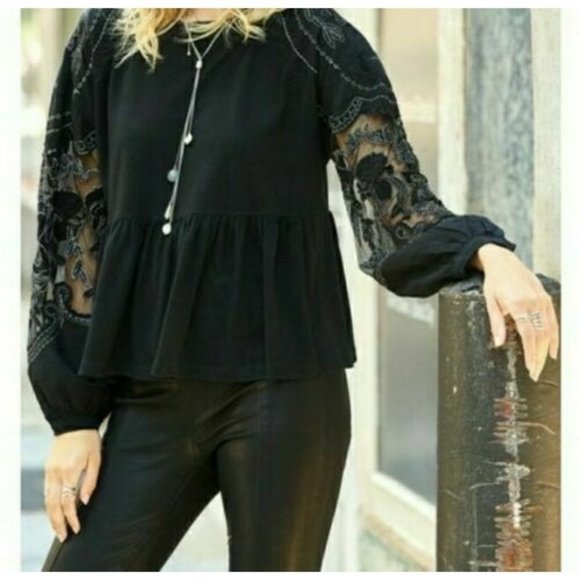 Free People Tops - Free People Embroidered Penny Tee Shirt Top S Lace